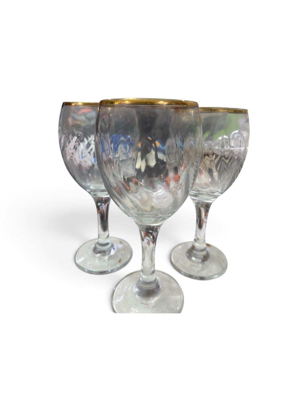 Gold-Rimmed Textured Glass Wine Goblets - Set of 3